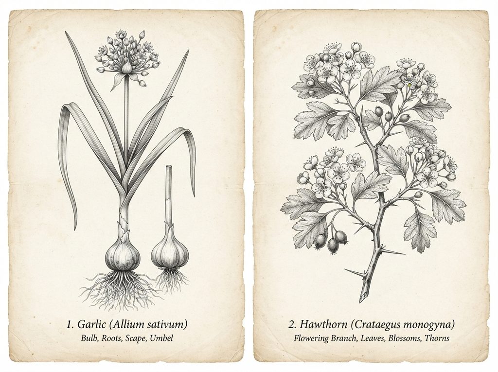 Imagen ilustrativa de una planta de ajo a la izquierda, y una planta de espino blanco a la derecha. Ambas de uso cardiovascular beneficioso.